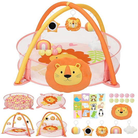 7-in-1 XL Large Baby Play Gym Mat, Tummy Time Mat, Baby Gym & Ball Pit, Baby Activity Mat with Milestone Cards & 6 Detachable Toys for Sensory Motor Skill, Lion