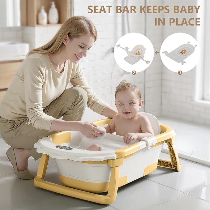 MoreFeel Foldable Baby Bathtub with Thermometer - 4-in-1 Grow-with-Me Collapsible Infant Tub (Newborn to Toddler) with Adjustable Mesh Sling - Space Saving Design