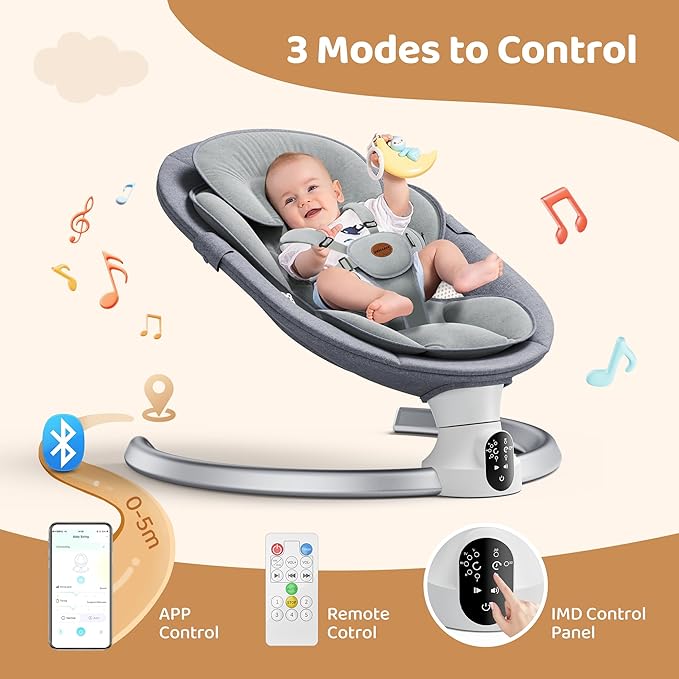 Baby Swings for Infants - Exclusive App & Bluetooth Function, Electric Baby Swing with 5 Point Harness & 5 Sway Speeds, 10 Preset Lullabies, Portable Infant Swing for Indoor/Outdoor (Light Gray)
