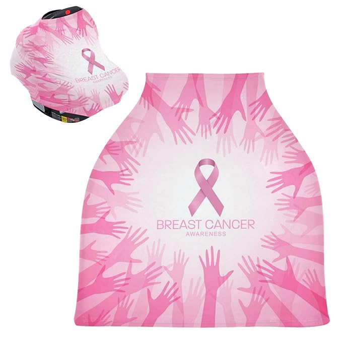 Breast Cancer Awareness with Pink Ribbon in Circle Hands Design Stretchy Baby Car Seat Cover Infant Canopy Nursing Covers Breastfeeding Cover Breathable Windproof Winter Scarf for Boys Girls