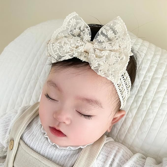 Lace White Bow-knot Baby Girls Headband Birthday Shower Infant Wrap Elastic Flower Baby Turban Hairband for Newborn Infant Toddler Kids (Ivory A, Elastic)