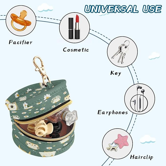 Pacifier Holder with Clip Pacifier Case for Diaper Bag Round Baby Pacifier Pouch Box Bag Portable White Daisy Flower Owls