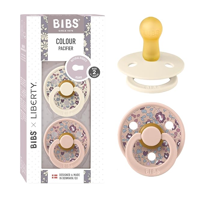 BiBS Liberty Pacifier 2-Pack, BPA Free Pacfiers with Natural Latex Round Nipple, Made in Scandinavia, Size 2 (6-18 Months), Eloise Blush
