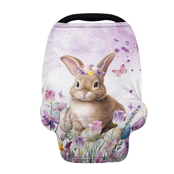 Easter Bunny Print Car Seat Canopy for Girls,Lovely Soft Nursing Cover Easter Theme Washable Breastfeeding Scarf for Family