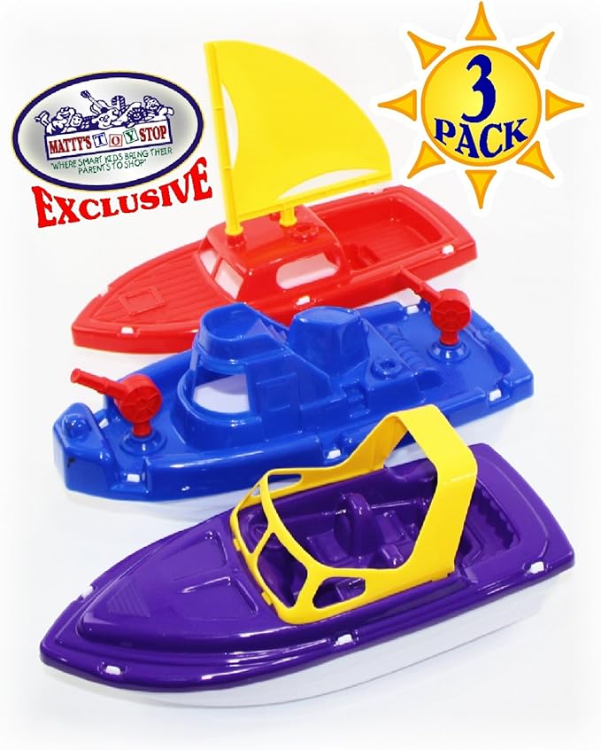 Matty's Toy Stop Plastic Boats Set Sailboat (Red), Speedboat (Purple) & Fireboat (Blue) Gift Set Bundle, Perfect Bath, Pool, Beach Etc. - 3 Pack