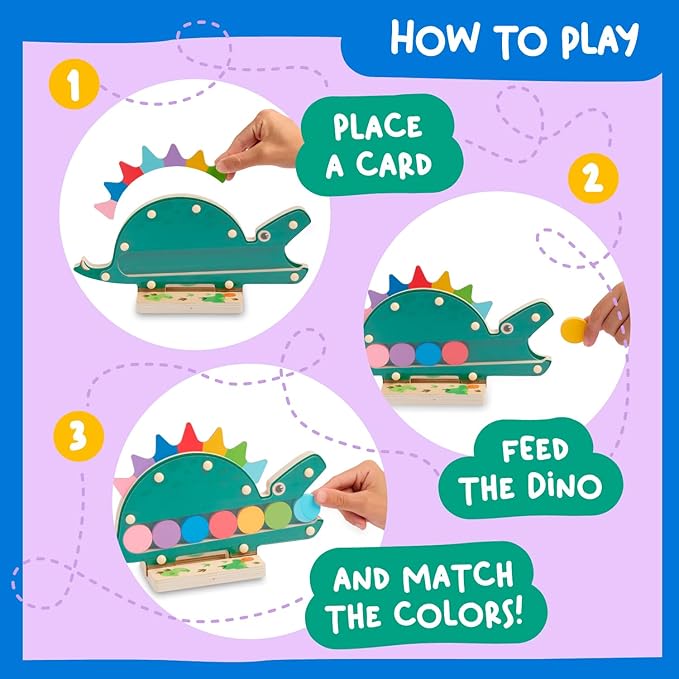 Nene Toys Hungry Dino, Montessori Wooden Dinosaur Toy for Toddlers, Color Sorting and Matching Game, Learning Toys for 2 3 Years Old Kids, Preschool Educational Game, Gift for Boys Girls 2+ Years