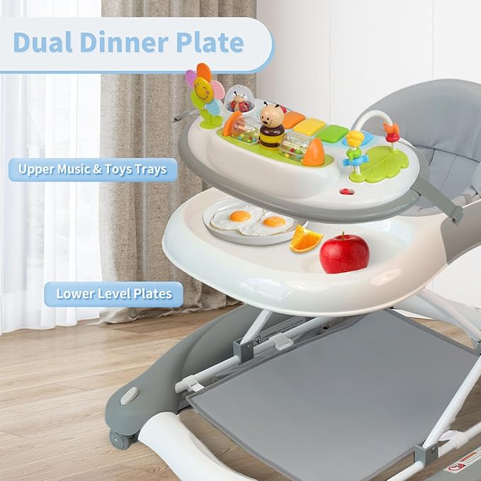 5 in 1 Baby Walker, Music and Lights Walker for Baby Boy Girls 6-12 Months, Foldable Baby Walkers with Wheels and Bouncer Combo Portable, Toddler Infant Walker with Adjustable Height