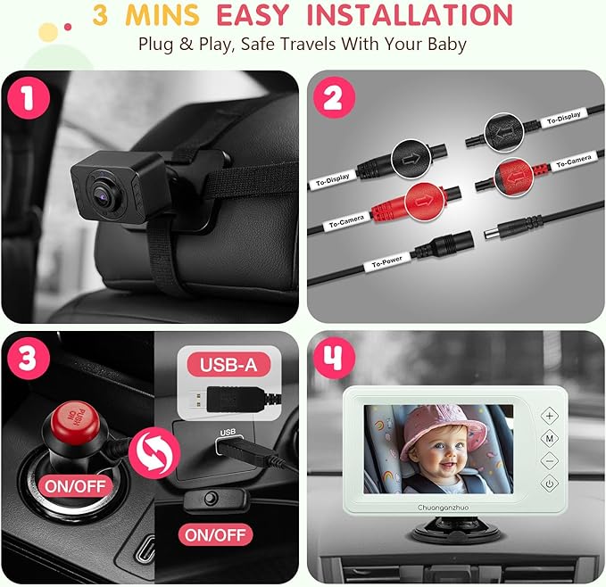 S100P Baby Car Camera with Ultra Night Vision, 5'' HD 1080P IPS Baby Car Monitor with 3X Zoom, Backseat/Carseat/Rear Seat Camera USB, Easy No-Damage Install, Safety for Infants and Pets (5 inch Green)