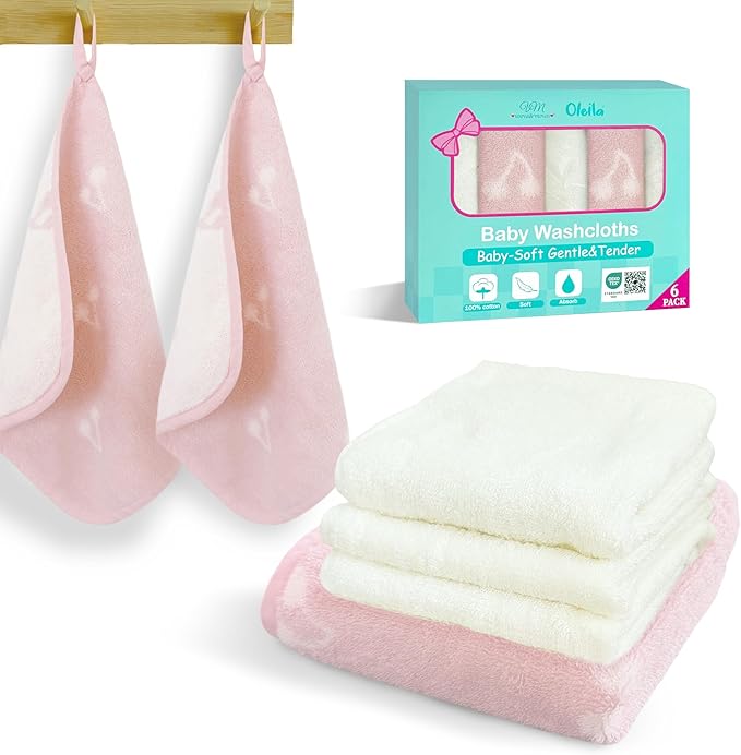 VOOVA & MOVAS Cherry & Ivory 6 Pack 100% Cotton Washcloths – 12"x12" – Ultra-Soft & Highly Absorbent – Newborn Towels Set, Baby Essentials