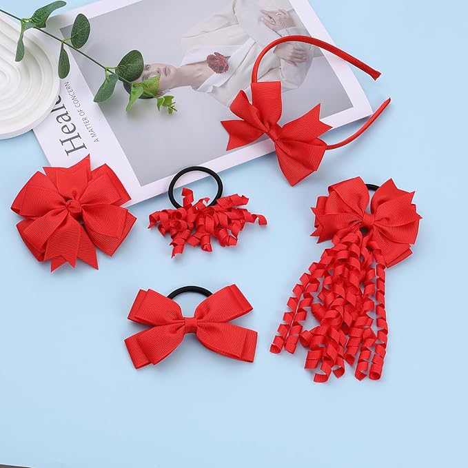 School Hair Accessories Set 14 Pcs Uniform Hair Bow Headband Clips Hair Ties Curly Korker Bows for Little Toddler School Girls (Red)