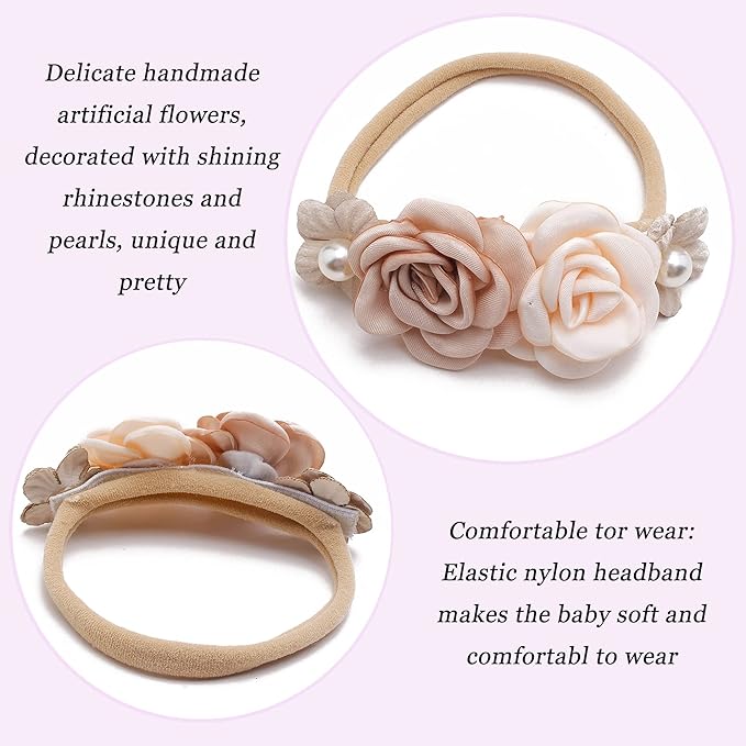 Baby Girl Flower Headband 4 PCS Elastic Hairbands Handmade Nylon Bows Headbands Chic Floral Hair Accessories Kids Gifts for Newborn Infant Toddlers
