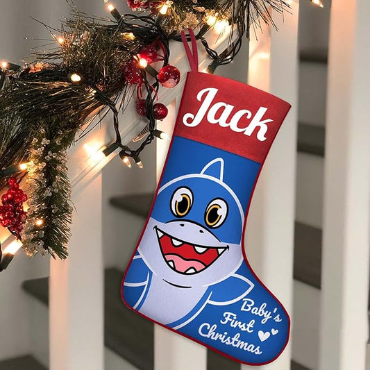 Personalized Baby Boy’s 1st Christmas Stocking Custom Name Baby's First Xmas Stocking, Shark, Baby
