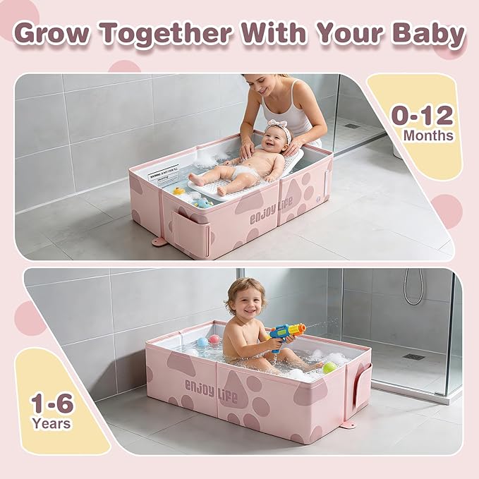 Toddler Bath Tub for Shower, Foldable Baby Bathtub, Portable Kids Bathtub & Collapsible Bathtub for Toddlers 1-8, Infant Newborn, Travel Baby Bath, Bañera para Bebé, Pink