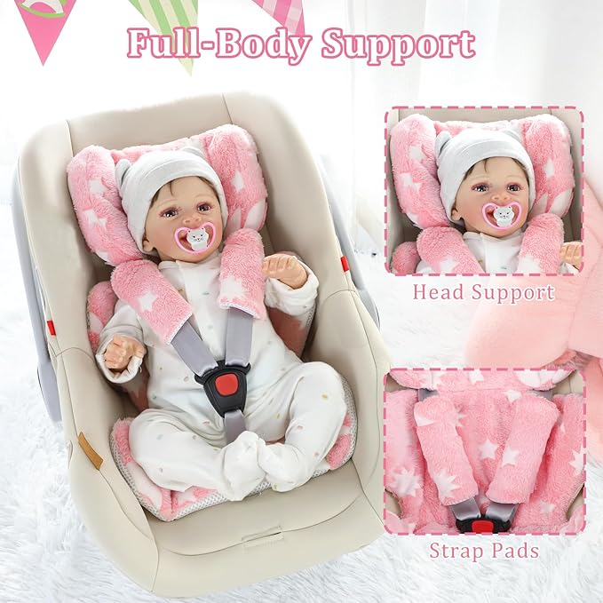 Infant Car Seat Insert Cushion, Baby Car Seat Head Body Support with 2 Extra Strap Paddings, Newborn Car Seat Insert for Baby Girls & Boys, Premature Carseat Cushion, Pink Moon and Star