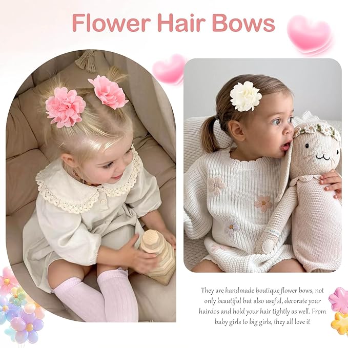 OAOLEER 40pcs 2" Flower Baby Hair Bows Clips, Chiffon Flower Tiny Hair Clips Fine Baby Hair Accessories for Girls Infants Toddlers Set of 20 Pairs