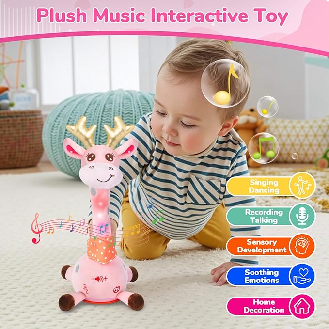 Dancing Giraffe Musical Plush Toy, Recording & Repeating Talking Giraffe Baby Toy for 6–12 Months, Interactive Singing Stuffed Animal, Birthday Gift for Grandkids Infants Toddlers(Pink)