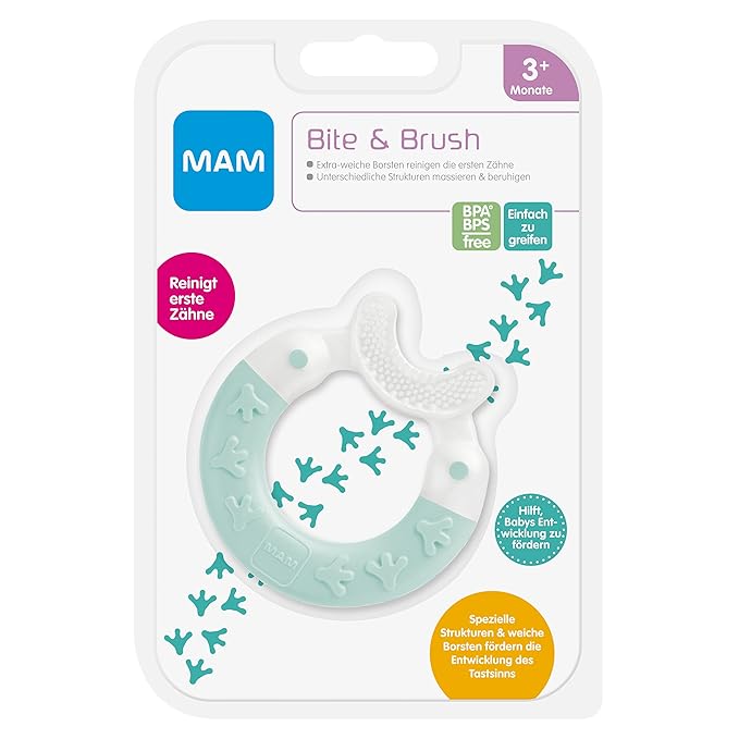 MAM Bite & Brush Teether Baby Teething Aid Soothes Gums, Supports Dental Care with Extra Soft Bristles, from 3+ Months, Turquoise, Pack of 1