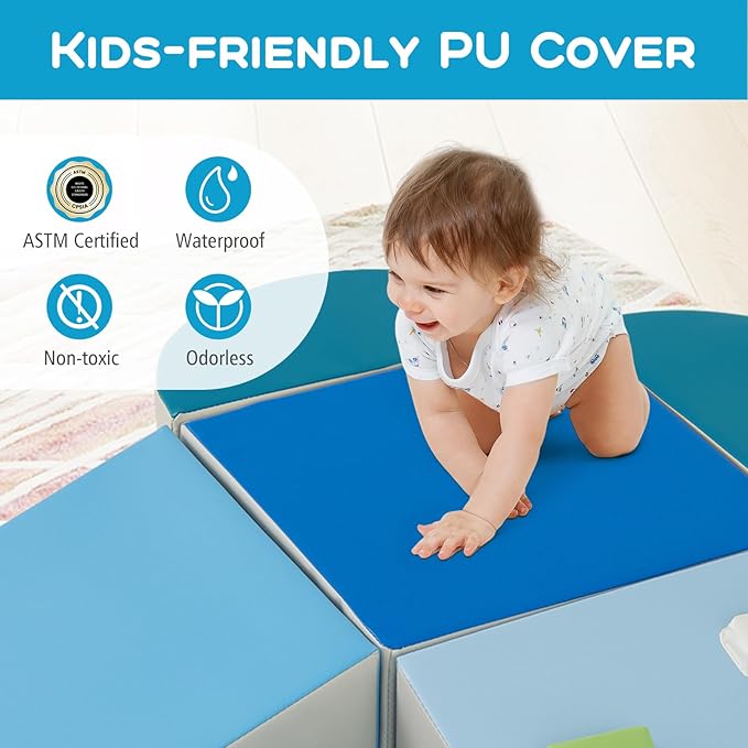 Olakids Climbing Toys for Toddlers, 6 Pieces Baby Foam Blocks Soft Play Set with PU Leather, Indoor Kids Climb and Crawl Sliding Activity Structure Gym Playground Climber (Azure)
