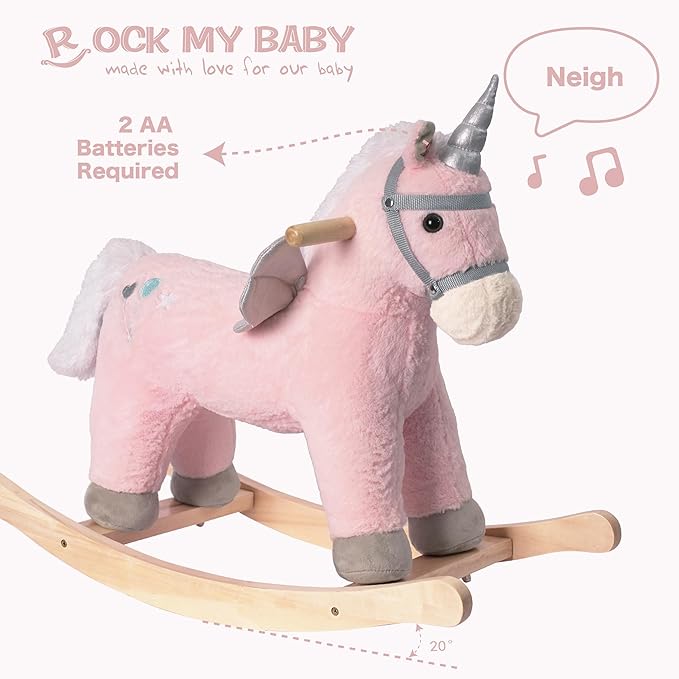 Rock My Baby Rocking Horse, Pink Unicorn/Pony Animal Rocker with Realistic Sound Plush Stuffed Rocking Horses for Toddlers 18M+, CPC Certified