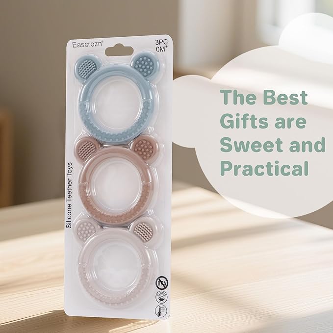 Eascrozn Teething Toys 3-6 Months, 3 Pack Silicone Teethers for Babies 6-12 Months, BPA Free Soft Textured Teething Relief Soothing Sore Gums Baby Essentials