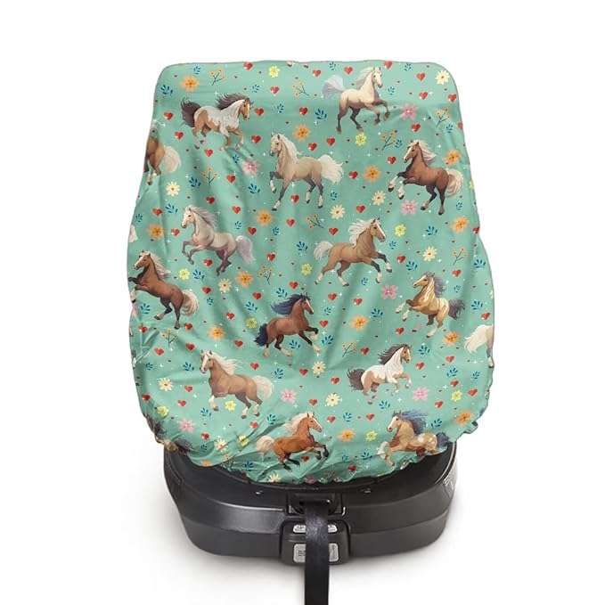 Car Seat Sun Shade Cover, Portable Car Seat Cover Baby Trend Car Seat Protector, Easy Installation for Baby & Kids, Horse Green