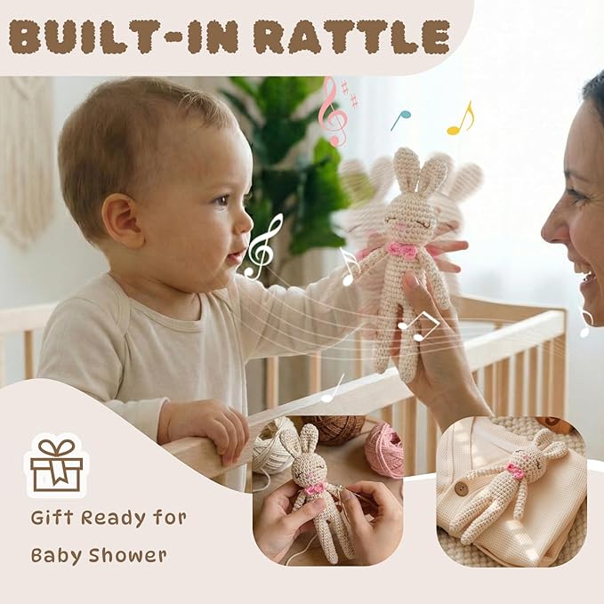 Moyii Handmade Crochet Bunny Baby Rattle - Soft Cotton Amigurumi Sensory Shaker Toy for Newborns & Infants - Easy Grip Lovey Sleep Toy & Neutral Nursery Decor Shower Gift