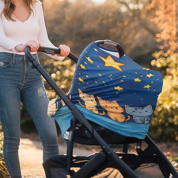 Binienty Starry Sky Anime Cat Car Seat Cover for Baby,Stretchy Infant Carseat Canopy Soft Fashion Mom's Nursing Cover Breastfeeding Scarf Portable Baby Car Seat Covers