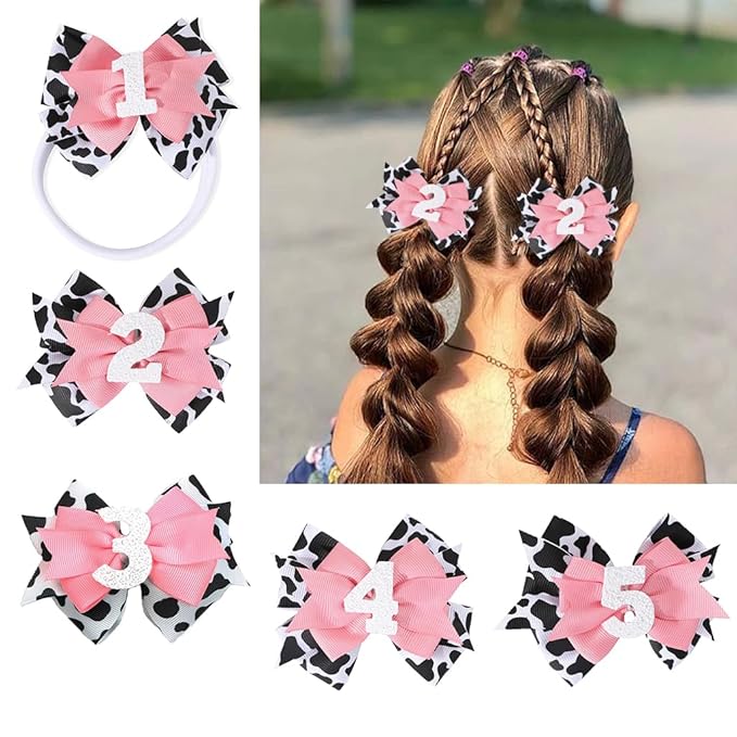 Birthday Hair Clips for Baby Girls - 2Pc Cow Print Bow with White Number Hair Clips for 2nd Birthday Baby Bow Party Decorations for Girls Toddlers Hair Accessories (Cow Print -2 Years)