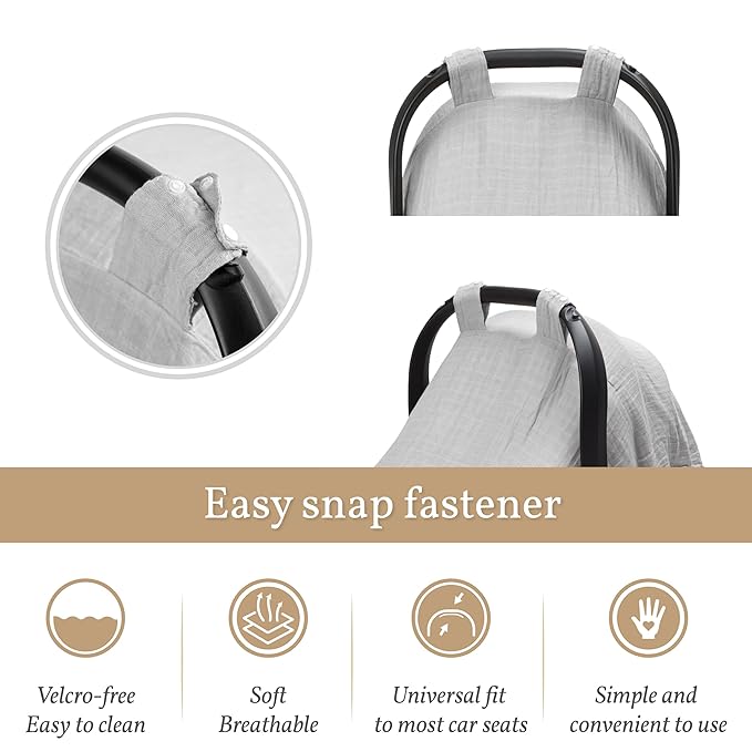 Meracorallo Muslin Baby Car Seat Cover, Lightweight Breathable Soft Infant Carrier Cover Carseat Canopy for Baby Boys and Girls, Gray