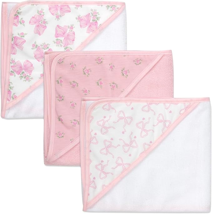 Hooded Baby Bath Towel and Washcloth 6 Piece Set for Newborns, Infants & Toddlers, Boys & Girls Baby Hooded Towels Set (Pink Bows and Flowers)