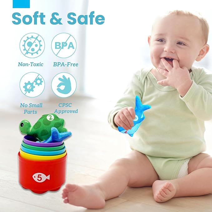 Count Learning Montessori Toys for Toddlers 3 Year Old Cloth Toddler Fishing Game with Stacking Cups,Baby Toy 12-18 Months 1 2 Year Old Boy Girl Gifts (Ocean Animal)