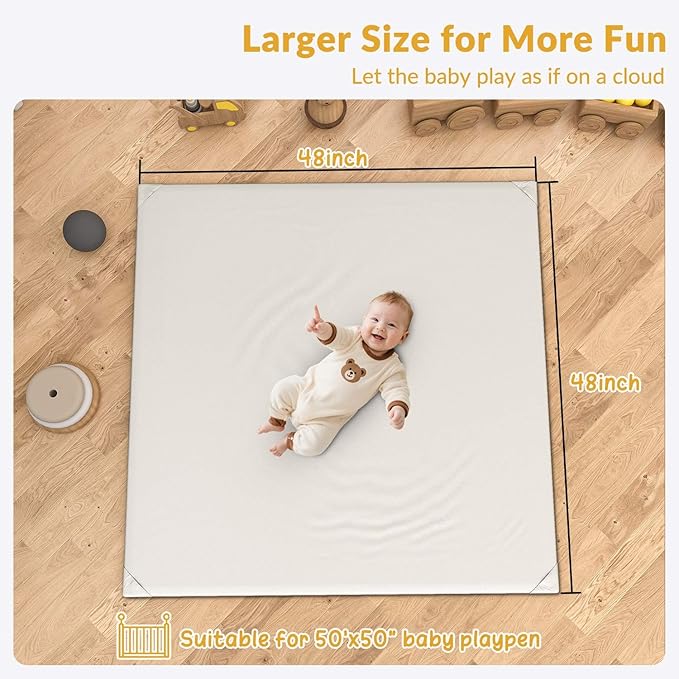 Padded Baby Play Mat Soft Vegan Leather with Thicken Foam Mat Easy Wipe-Clean Cushioned & 2 Sides Waterproof Baby Tummy Time Playmat Fits 50" x50" Playpens,2 Support Toybar Poles Included