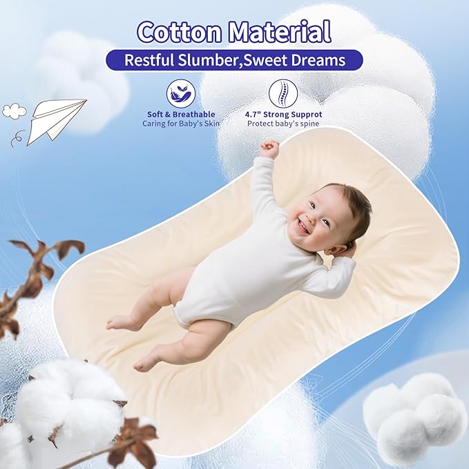 Baby Lounger 0-24 Months 100% Cotton-Snuggle Cozy Me Lounger,Soft & Breathable Baby Lounger for Newborn Play Mat,Infant Babies Essentials Gifts,Apricot(Lounger Cover Included)