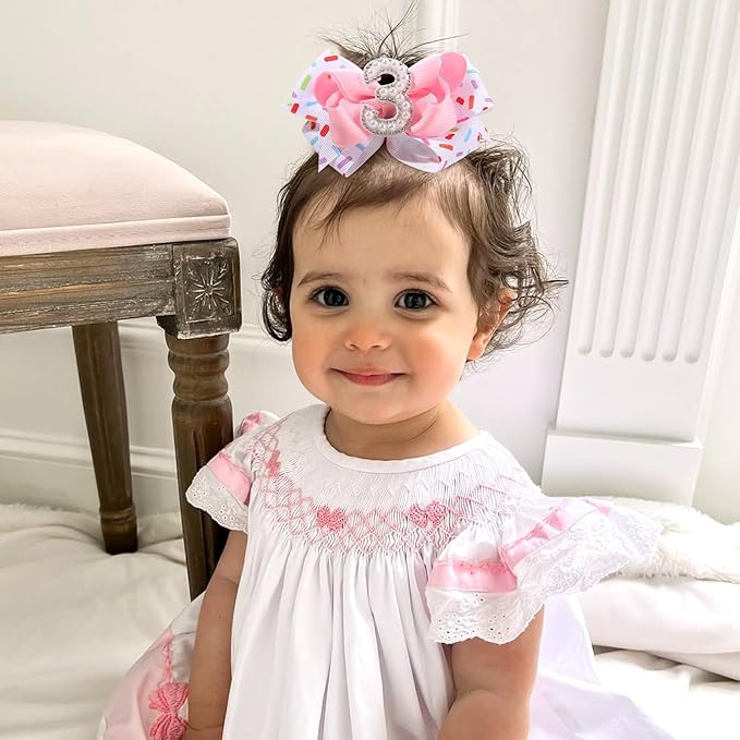 2PCS Hair Bows for Baby Girls Birthday - 3rd Birthday Hair Bow Sweet Theme with Ice Cream Party, Pink Hair Accessories for Baby Toddler 1 2 3 4 5 6 Years, Outfit & Decorations