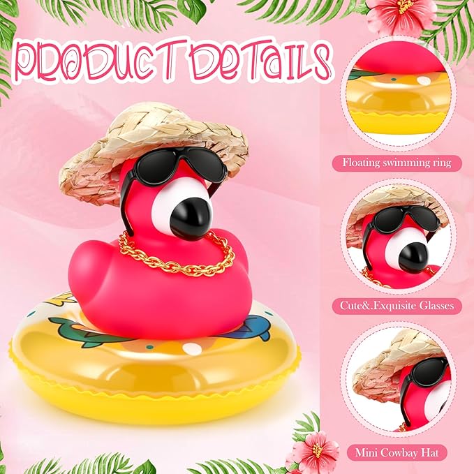 Sotiff Rubber Flamingo Pink Flamingo Rubber Ducks Squeaky Mini Ducks with Mini Cowboy Hats Swim Ring Gold Chain and Sunglasses for Car Decor Summer Birthday Swimming Party Gift Favor (Classic)