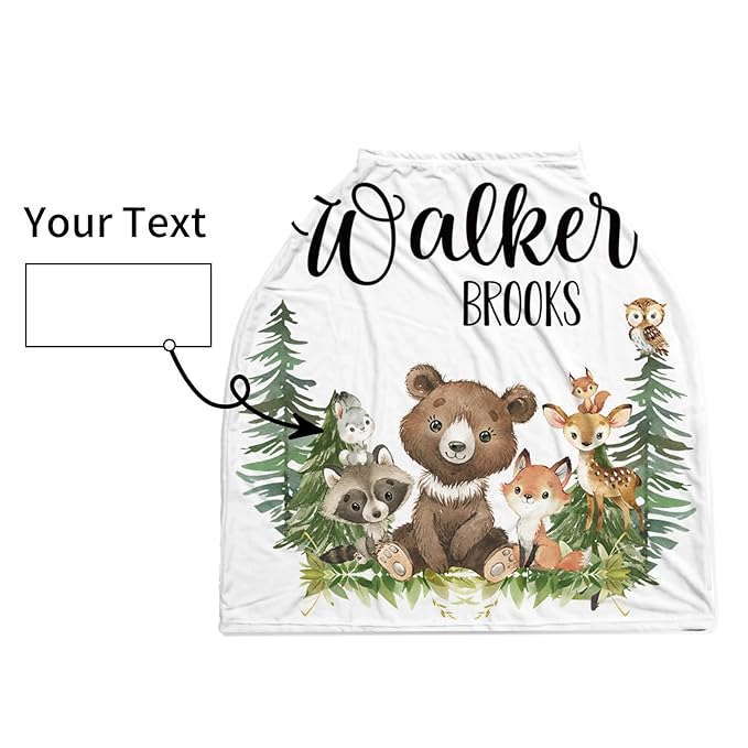 Personalized Baby Car Seat Cover Stroller Canopy: Custom Name Newborn Baby Boy Girl Elastic Woodland Animals Nursing Cover for Moms First Birthday Gift Bear Fox(one Size)