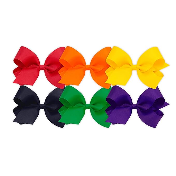 Wee Ones Girls' 6 Piece Set of Bows, Solid Grosgrain Variety Pack on a WeeStay No-Slip Hair Clip, Large, Red, Orange, Yellow, Navy, Green, Purple