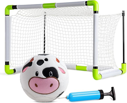 VangeBow Toddler Toy Soccer Goals for Backyard Indoor with Soft Plush Cow Ball, Mini Soccer Nets and Ball Set for Kids(Pump Include)