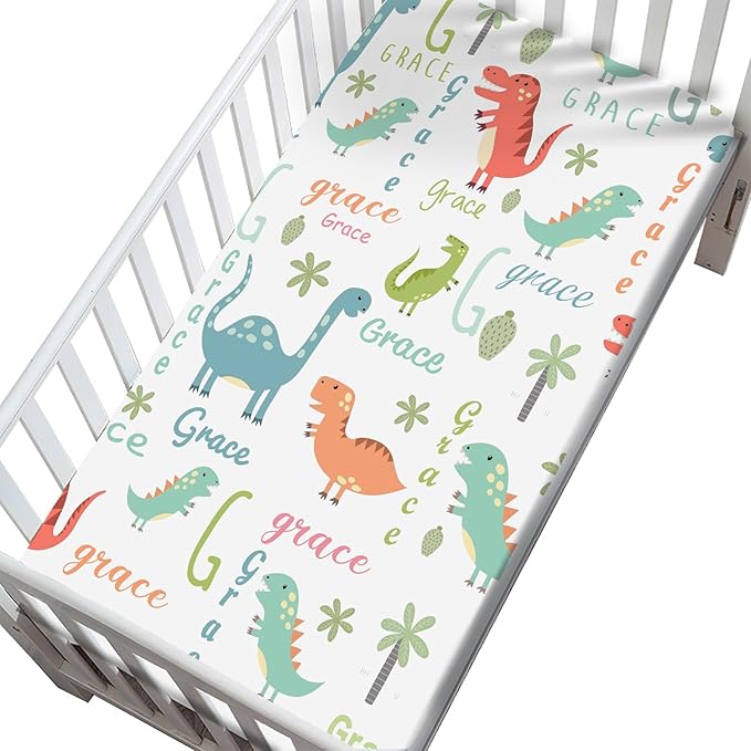 Customized Dinosaur Pack and Play Sheets for Baby Boys, Personalized Mini Crib Mattress Sheets with Monogram Name, Pack n Play Playard Fitted Sheet Playpen Sheet, Soft Breathable Stretchy