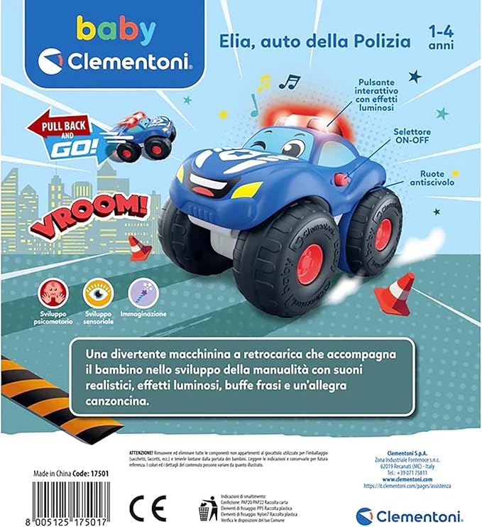 Baby Clementoni - Elia Police Car, Child Car 1-4 Years, Early Childhood Game, Car with Sounds and Sirens, Stimulates Manuality, Sight and Hearing, Made in Italy, Italian Language, 17501