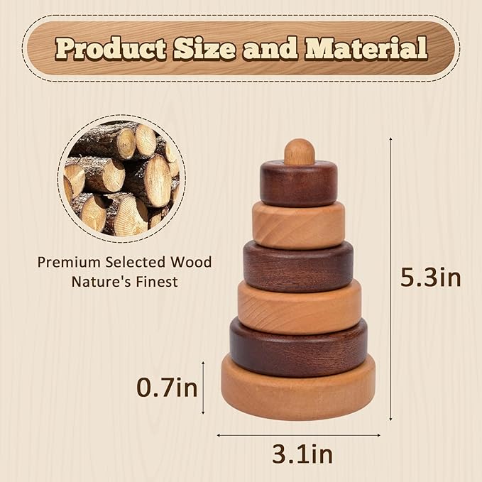 Adena Montessori Ring Wooden Stacking Toy,Montessori Geometric Stacker Wooden Educational Toy,Baby and Toddler Ages 12+ Months Shape Sorter and Stacking Toy, Stacking Tower Toy for Babies(Circle)