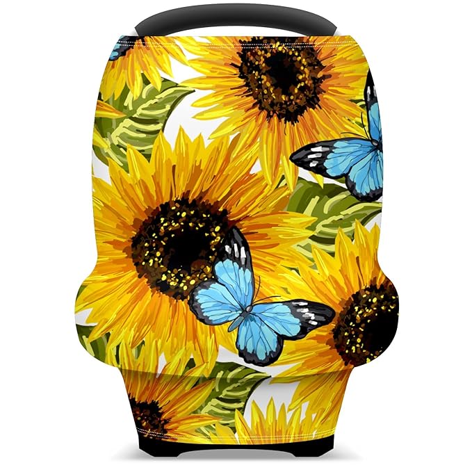 Baby Car Seat Stroller Covers Sunflower and Butterfly Nursing Cover Breastfeeding Scarf Soft Breathable Stretchy Infant Car Canopy Coverage Carseat Cover for Boys and Girls Multi Use