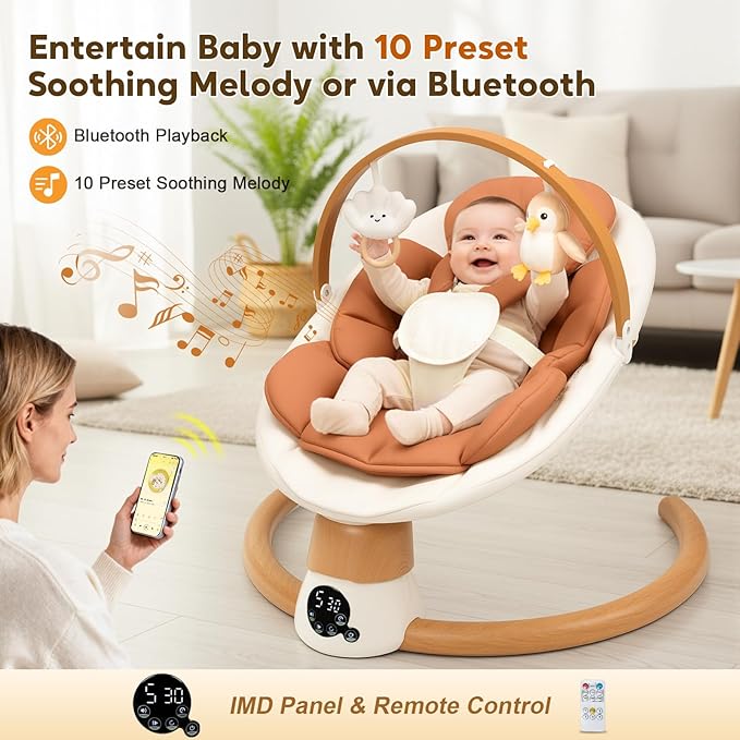 Baby Swings for Infants | Electric Portable Baby Swing with Bluetooth, 5 Swing Speed, 3 Timer Settings, 10 Lullabies, 5-Point Harness & Remote Control | Newborn Swing for Indoor & Outdoor (Brown)