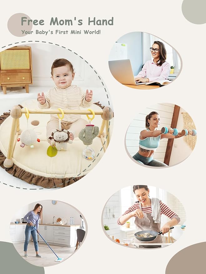 4-in-1 Wooden Baby Play Gym & Activity Mat, Soft Cotton Tummy Time Mat for Babies 0+,with 3 Detachable Toys for Sensory & Motor Skill Development,Newborn Infant Baby Essentials Gift,Light Brown-Lion