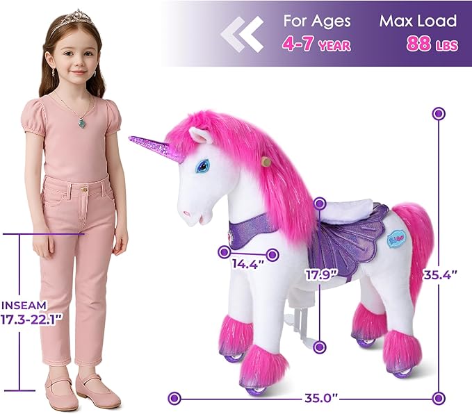 PonyCycle Ride on Unicorn Riding Unicorn Pink Pony Toys Advanced Model Y Plush Animal (35.4" Height/Size 4 for Kids Ages 4-7) Indoor Outdoor Riding Horse, Birthday Gift for Kids Y452