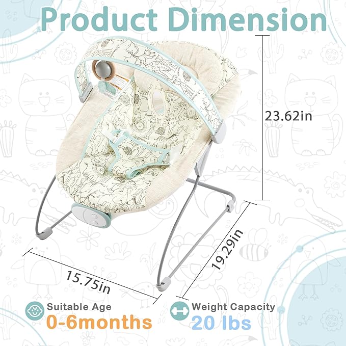 Baby Bouncer, Infants Bouncy Seat with Music and Vibrations,Portable Baby Rocker with Hanging Grasping Planet & Mirror for Newborns Indoor Outdoor Use 0-6 Months Up to 20 lbs