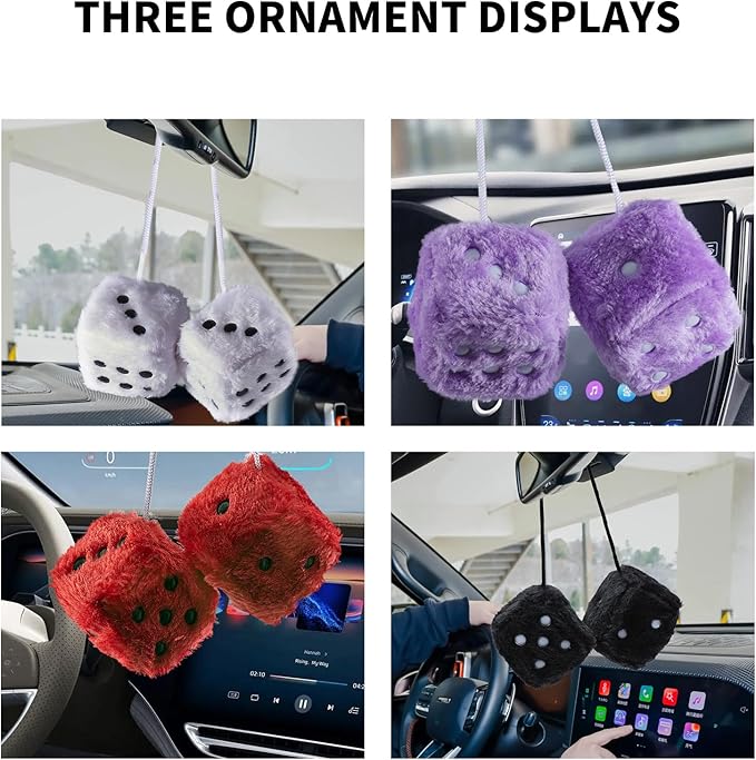 Fuzzy Dice Plush for Car Mirror 3Inch Cute Couple Square Dotted Hanging Ornaments,Adjustable Hand Braided Rope Suitable for Bedroom (BST0039-White)