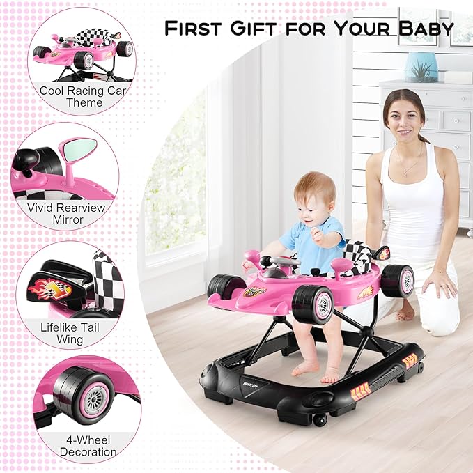 HONEY JOY Baby Walker, 4-in-1 Foldable Infant Activity Push Walker, Toddler Car Walker w/Adjustable Heights, Music, Lights, Removable Tray, Baby Walker with Wheels for Boys Girls 7-14 Months (Pink)