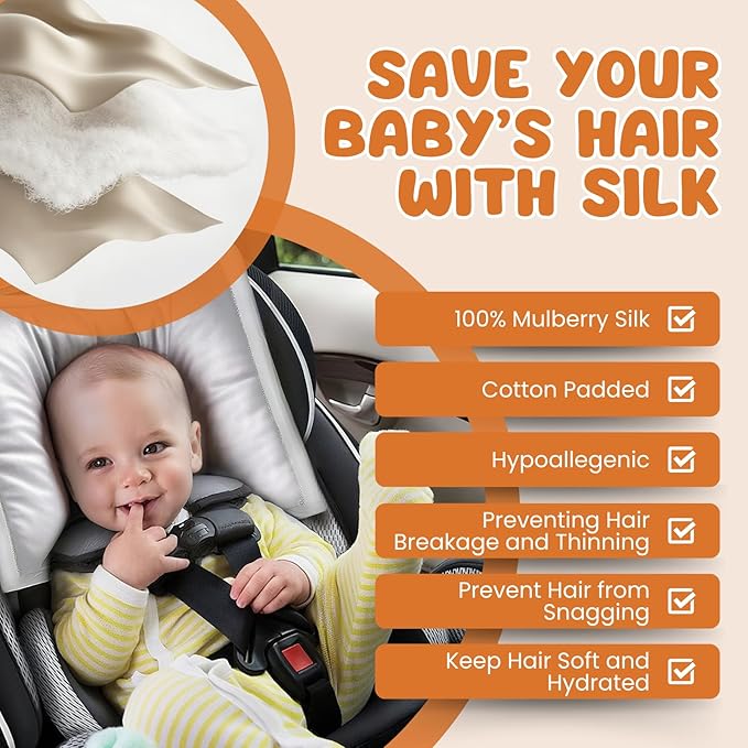 PROMEED 100% Natural Silk Car Seat Head Cover for Baby Hair - Prevents Bald Spots & Hair Knots, Mulberry Silk Carseat Headrest Cover, Ultra-Soft Carseat Accessories for Infants (Champagne)