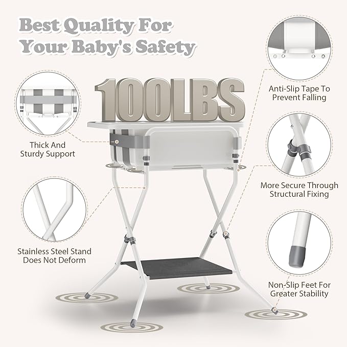 iNeibo Collapsible Baby Bathtub with Stand and Soft Infant Cushion - Suitable for 0-36 Months Toddlers - Back Pain Saving Design